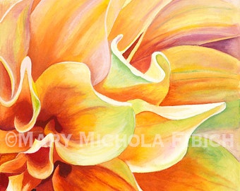 Dahlia 'Ben Huston' by Mary Michola Fibich~Orange Dahlia Print, Watercolor Dahlia, Flower Painting, Home Decor, Garden Art, Botanicals