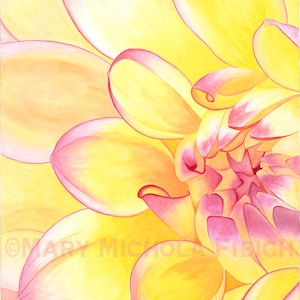 Dahlia 'Happy Go Lucky' by Mary Michola Fibich, Yellow Dahlia Watercolor, Dahlia Fine Art Print, Summer Flower Art, Floral Wall Decor