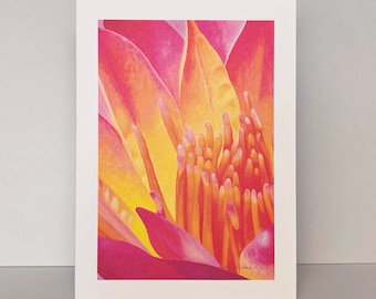 Hot Pink and Orange Waterlily Greeting Card~Nymphaea 'Afterglow' Waterlily Floral Watercolor by Mary Michola Fibich, Blank Greeting Card