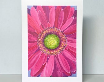 Dark Pink, Purple and Green Gerbera Daisy Greeting Card~Gerbera ‘Pino’~Floral Watercolor Card by Mary Michola Fibich