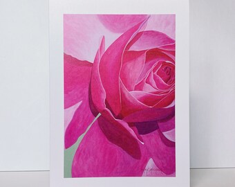 Dark Pink Rose Greeting Card~Rosa 'Baronne Edmond de Rothschild' Floral Watercolor by Mary Michola Fibich, Rose  Art Stationary