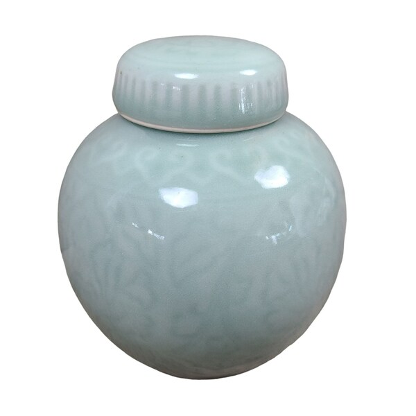 VTG Chinese Ceramic Celadon Glazed Ginger Jar w Lid Round Sphere Lotus Flowers