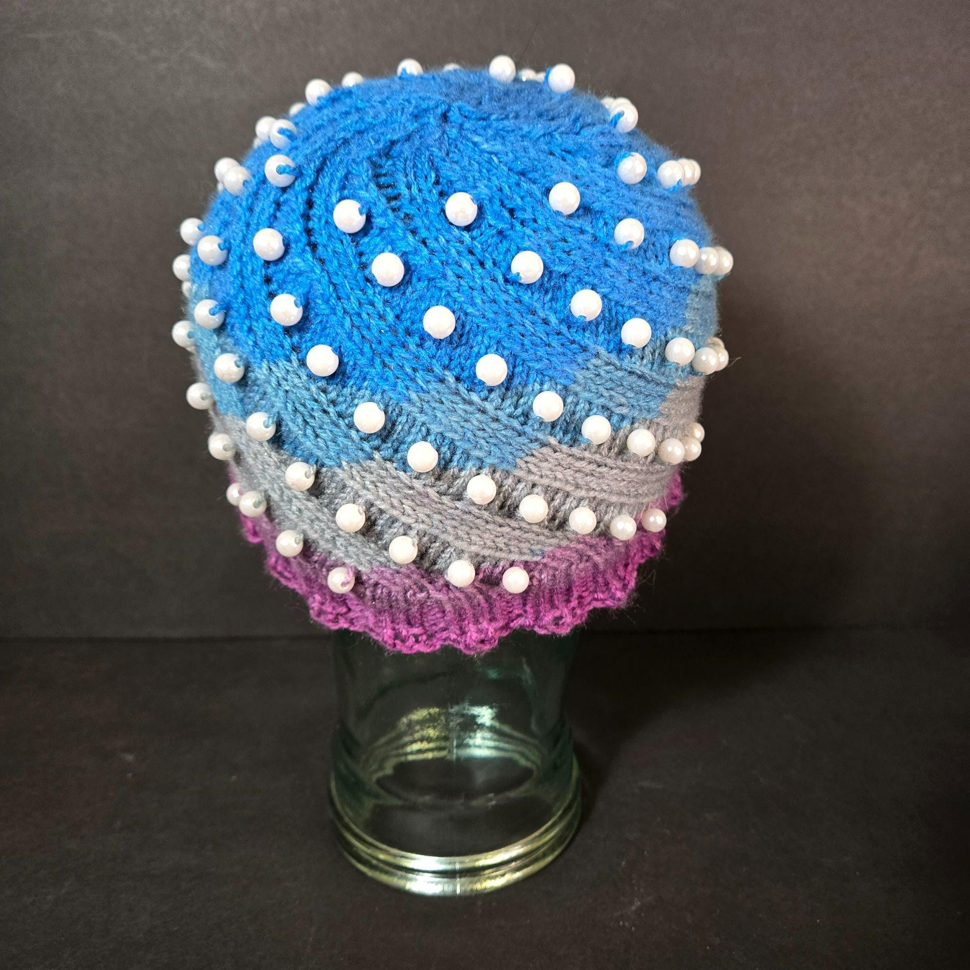 Handmade Knit Hat Faux Pearl Pink Blue Gray Swirl Design Warm Winter Wool Blend il_fullxfull.  main image 3