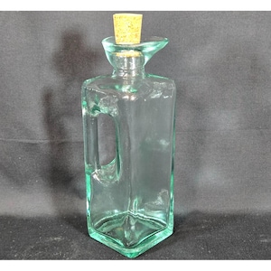 Vintage Square Aqua Green Pressed Glass Decanter Cruet w Handle Cork Stopper 7&quot;