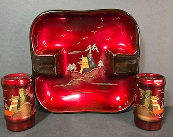 Vintage Japanese Lacquerware Ashtray & Salt Pepper Set Red Black w Gold Pagoda
