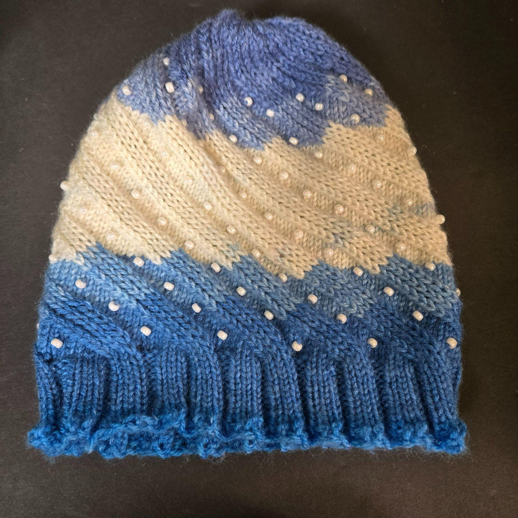 Handmade Knit Hat Blue White Faux Pearl Swirl Design Warm Winter Cap Wool Blend Hand Knit Swirl Hat - Etsy main image 2