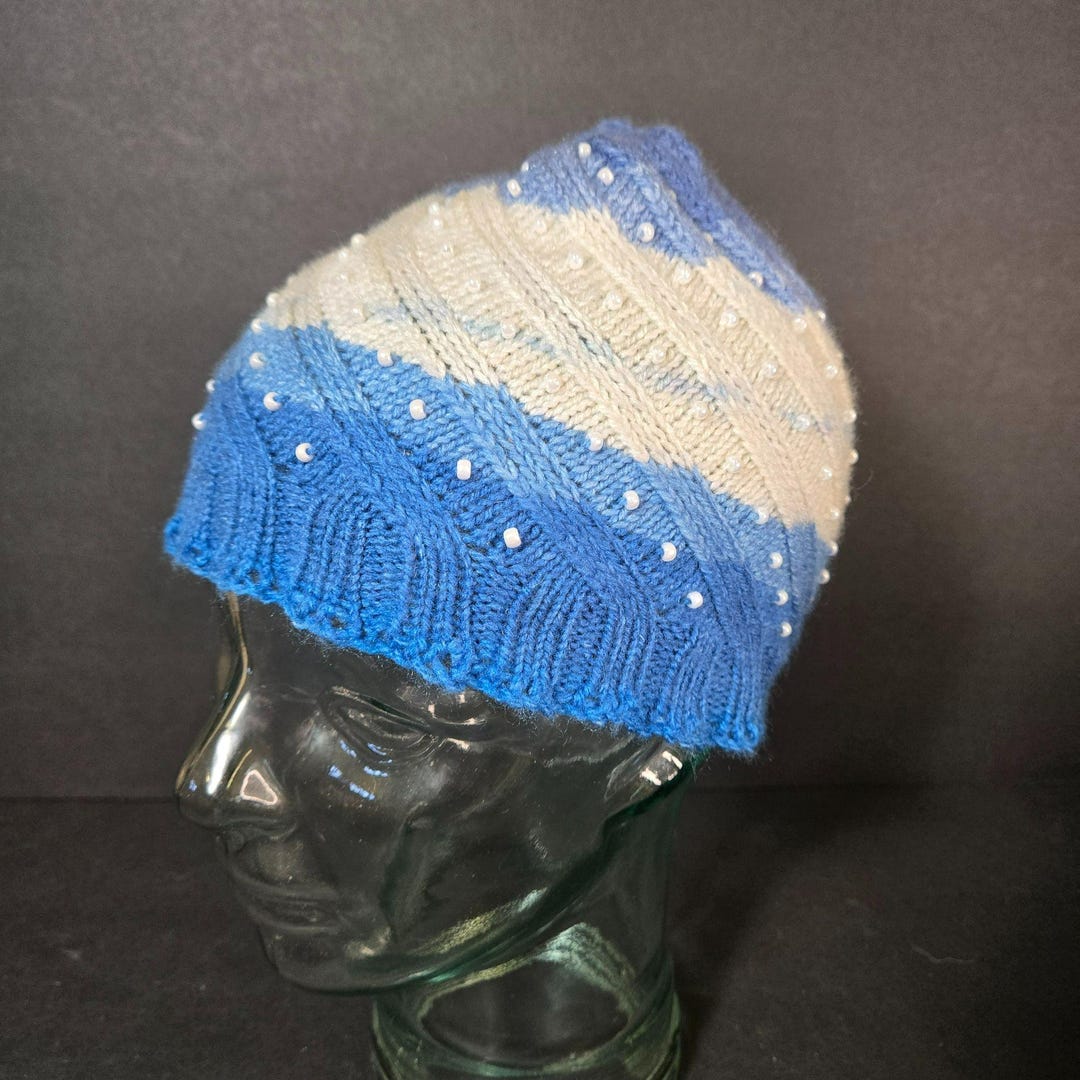 Handmade Knit Hat Blue White Faux Pearl Swirl Design Warm Winter Cap Wool Blend Hand Knit Swirl Hat - Etsy main image 4