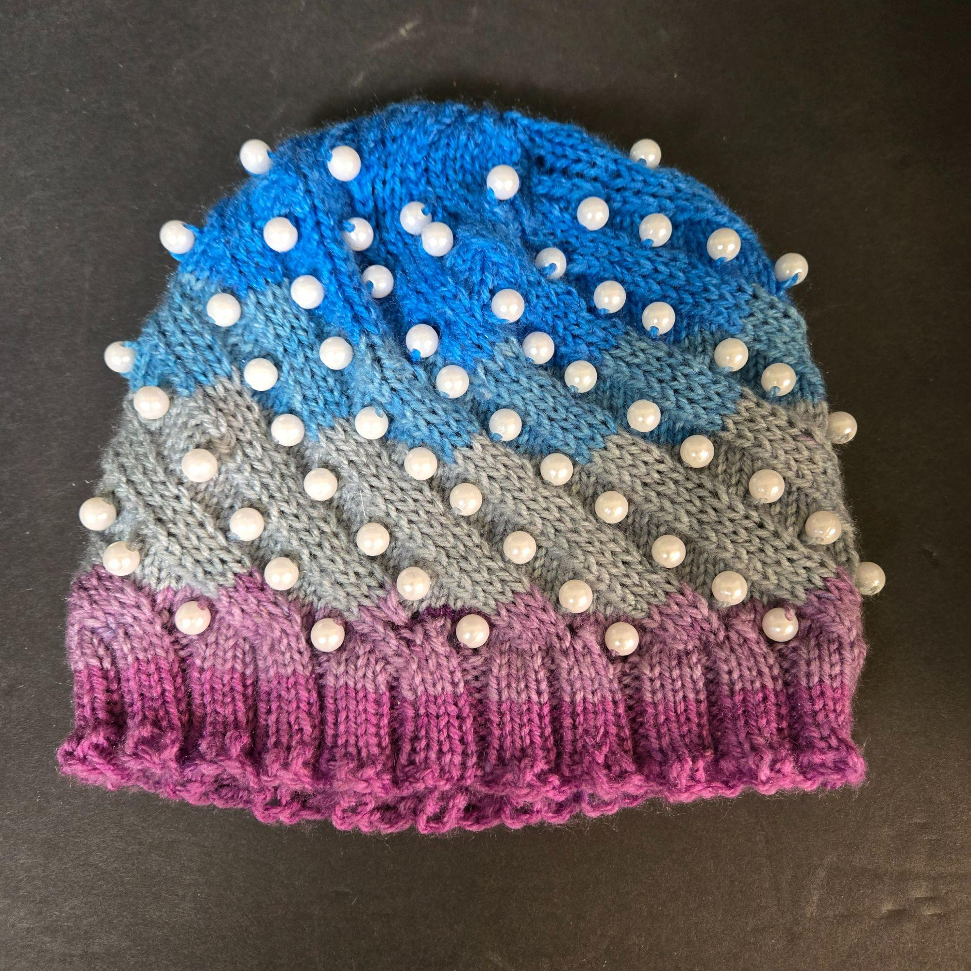 Handmade Knit Hat Faux Pearl Pink Blue Gray Swirl Design Warm Winter Wool Blend il_fullxfull.  main image 4