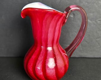 Handblown Glass Red Swirl Cruet Mini Pitcher Vase White Interior Clear Handle 4"