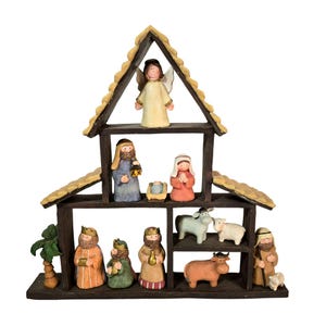 Hand-Painted Resin Nativity Set Angel Holy Family Wise Men & Animals Rustic