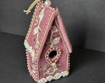 Velvet Beaded Birdhouse Ornament Pink Embroidered Christmas Decoration Elegant