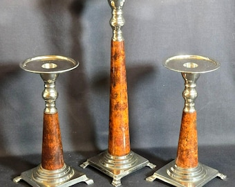 Decorative Mixed-Metal & Veneer Candleholder Trio Set “20-108/A” Made in India