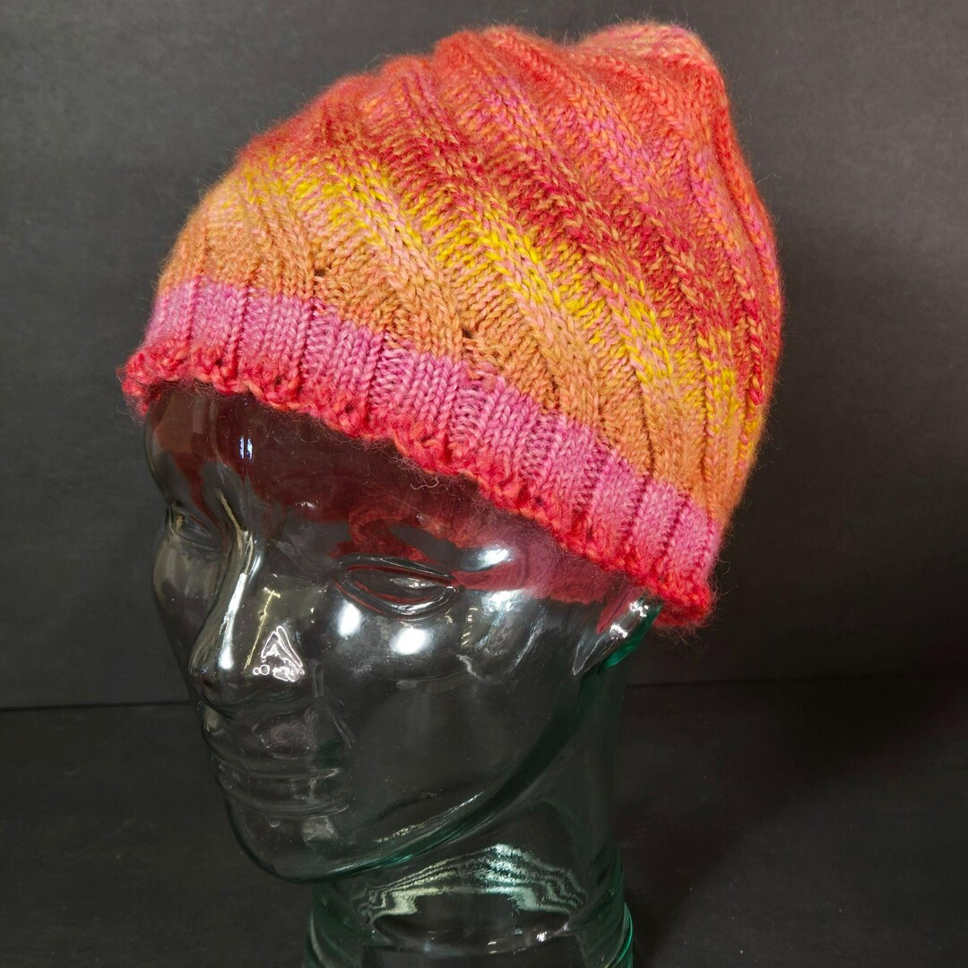 Handmade Knit Hat Pink & Orange Sunset Swirl Design Warm 