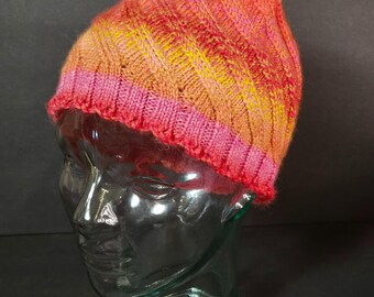 Handmade Knit Hat Pink & Orange Sunset Swirl Design Warm Winter Cap Wool Blend