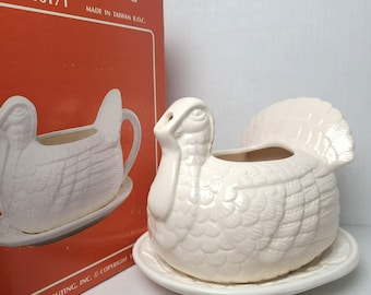 Vintage White Ceramic Turkey Gravy Boat With Matching Plate Thanksgiving Taiwan