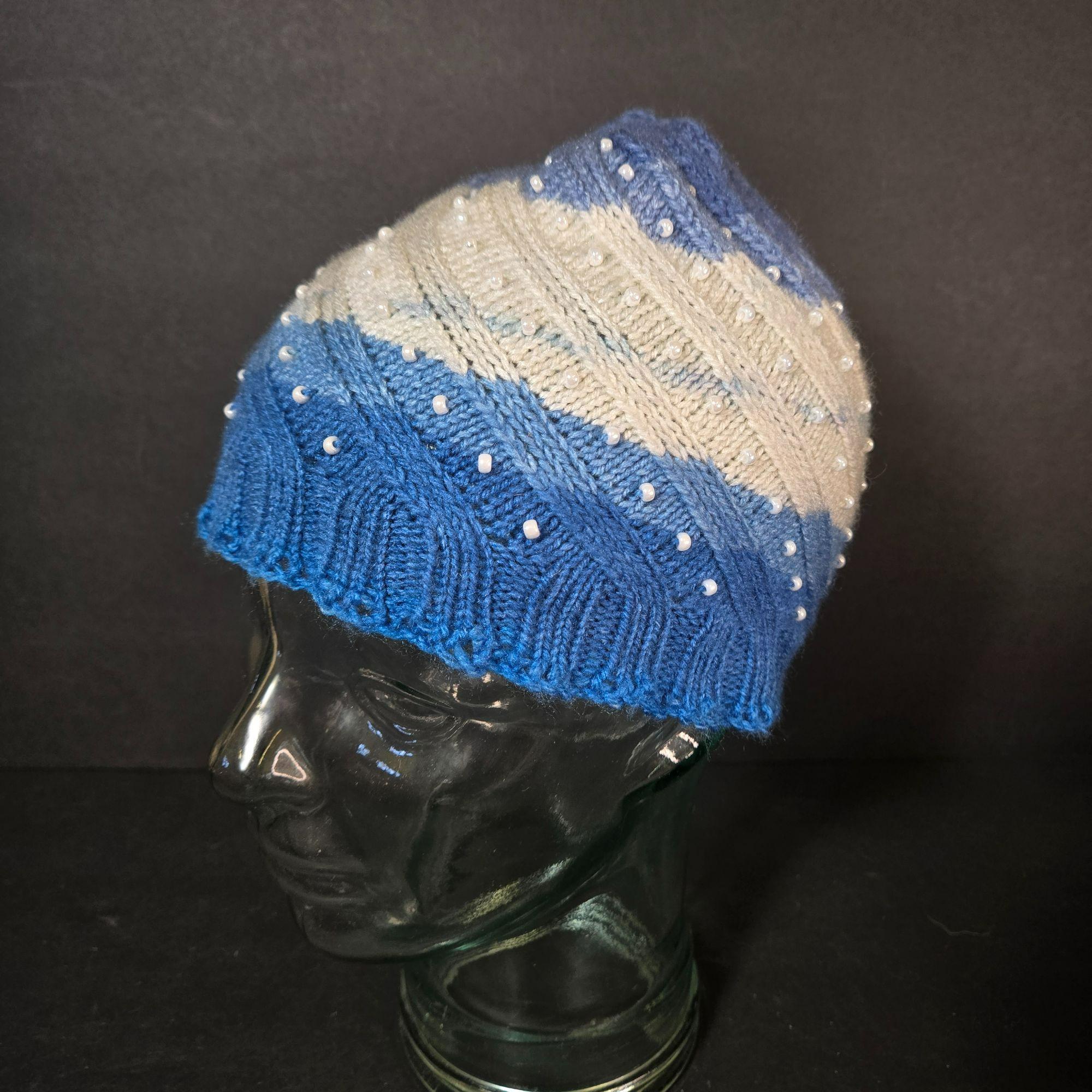 Handmade Knit Hat Blue White Faux Pearl Swirl Design Warm  display picture 1