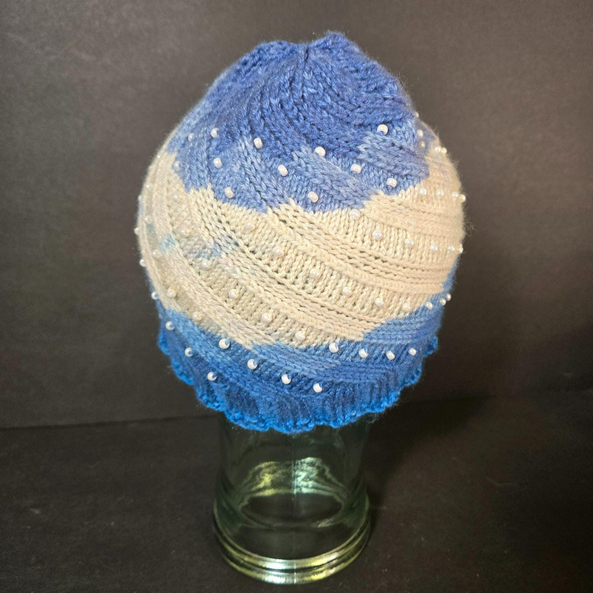 Handmade Knit Hat Blue White Faux Pearl Swirl Design Warm Winter Cap Wool Blend Hand Knit Swirl Hat - Etsy main image 3
