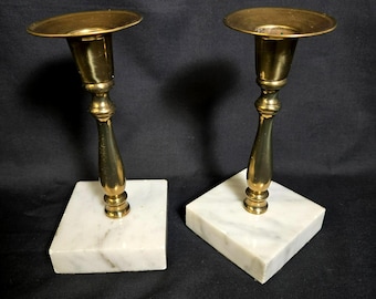 Pair Brass & Marble Candlestick Holders 6" Mid Century Modern Square Base Vintage