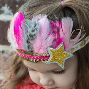 Aqua, Pink and Gold Feather Headband, Feather Crown