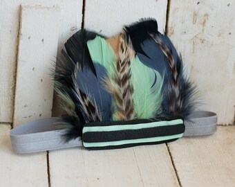 Mint, Black, Gold, and Gray  Feather Crown