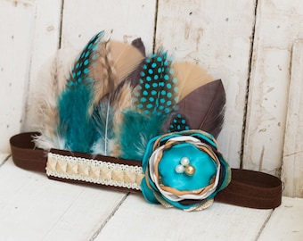Pocahontas Turquoise and Brown Feather Headband, Feather Crown