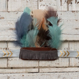 Aqua, Gray, Gold, and Brown Feather Headband, Feather Crown