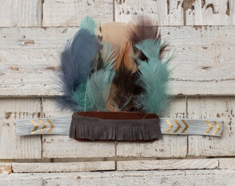 Aqua, Gray, Gold, and Brown Feather Headband, Feather Crown