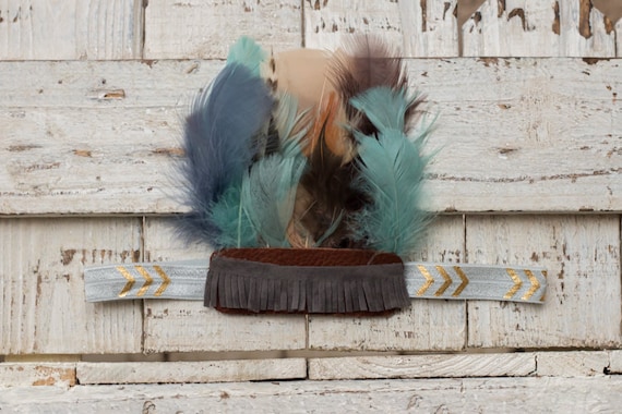 Aqua, Gray, Gold, and Brown Feather Headband, Feather Crown  display picture 2