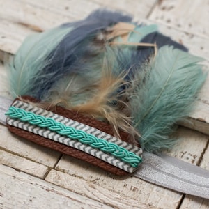 Aqua, Gray, Gold, and BrownFeather Headband, Feather Crown