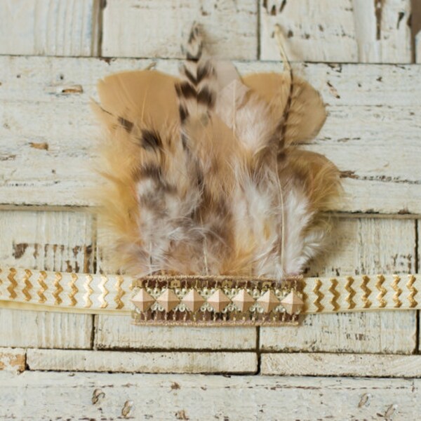 Gold and Cream Feather Headband, Feather Crown