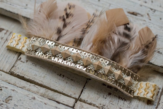 Gold and Cream Feather Headband, Feather Crown - Etsy