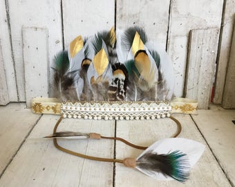 Peacock and Unique Patterned and Gold Dipped Feather Headband, Feather Crown