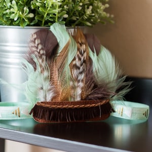 Mint and Brown Feather Headband, Feather Crown