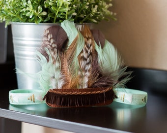 Mint and Brown Feather Headband, Feather Crown