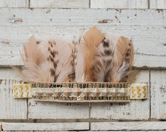 Gold and Cream Feather Headband, Feather Crown