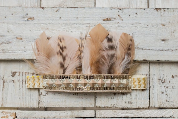 Elegant Gold and Cream‎ Feather Headband Gold and Cream Feather Headband, Feather Crown - Etsy main image 3