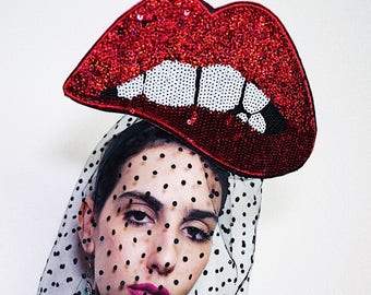 Biting Lips Red, Gold, or Silver Dotted Veil Fascinator  display picture 1