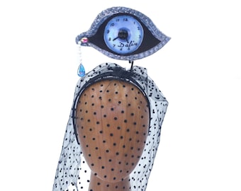 Salvador Dali "Eye of Time" Veiled Fascinator Hat | Surrealist  Ball Headdress Costume |  Editorial Jeweled Teardrop Blue Silver