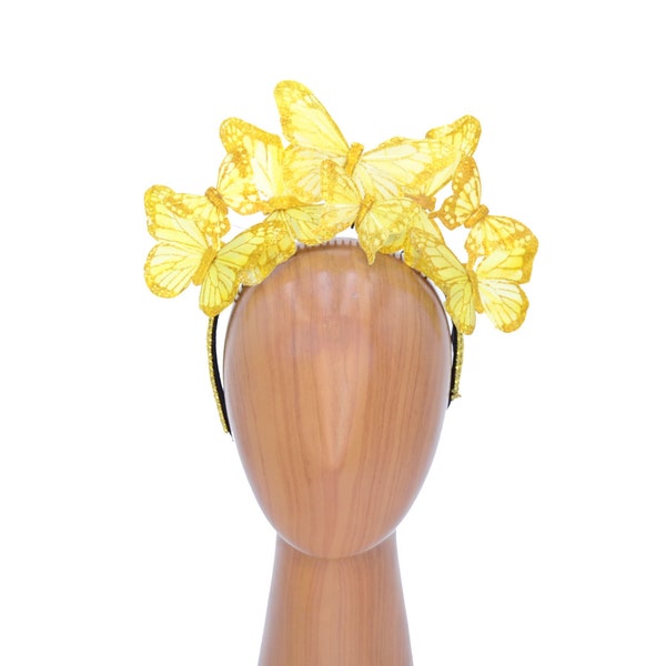 Metallic Gold, Yellow, or Silver Feather Butterfly Fascinator Headband Hatinator Headdress Snapchat Filter Crown Selfie Costume Burning Man