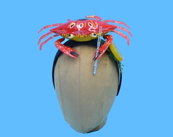 Surreal Red Crab Dinner Headband with Fork, Lemon Slice, & Parsley | Dali, Schiaparelli, Pop Art Inspired | Seapunk | Cocktail Fascinator