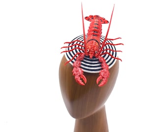 Surreal Red Lobster on Woven Black and White Swirl Straw Fascinator Cocoktail Hat Hatinator Salvador Dali, Isabella Blow, and Lady Gaga