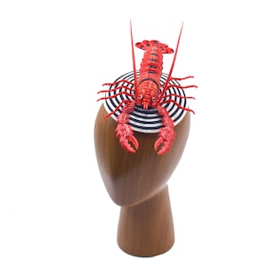 Surreal Red Lobster on Woven Black and White Swirl Straw Fascinator Cocoktail Hat Hatinator Salvador Dali, Lady Gaga