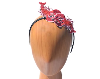 Hoofdband met Red Lobster-applicatie – surrealistische tovenaar, op Dali geïnspireerde hoed, Seapunk, Campy-kostuum, handgemaakt door Fab Hatters LA