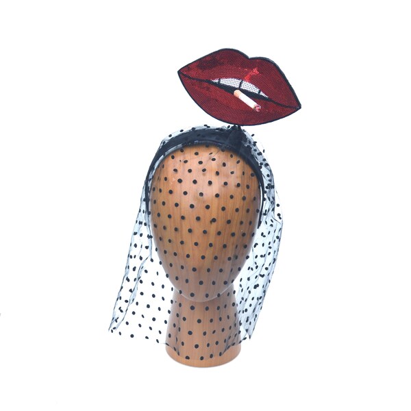 Surrealist Smoking Red Lips Cigarette Dotted Veiling Fascinator Headband Hat Hatinator Costume Schiaparelli Dali