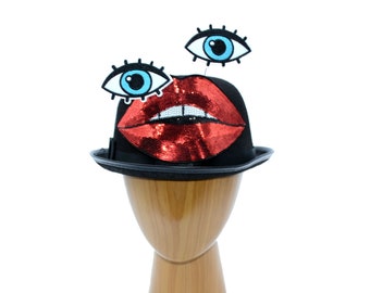 Surrealist Lips & Eyes on Black Bowler Hat or Black/White Fascinator | Red Sequin Mouth, Blue Eyes| Real Monsters Oblina Cosplay