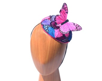 Purple Pink Blue Violet Indigo Monarch Feather Butterfly Pillbox Cocktail Hat - Races Wedding Bridal Derby Ascots Ladies Day Mother of Bride