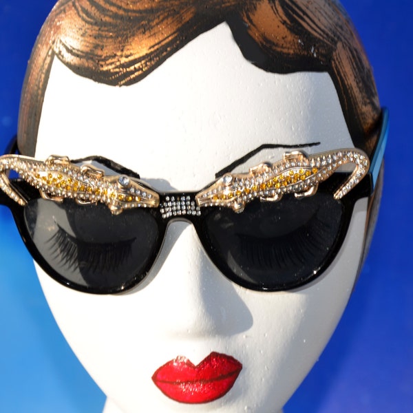 Gold & Black Rhinestone Alligator Crocodile Sunglasses