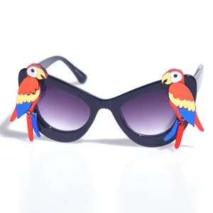 Red, Blue Yellow Parrot Oversize Sunglasses | Black, White, Blue Cat Eye Sunglasses Frame | Retro Tiki Pinup, Jimmy Buffet, Tropical, Bird