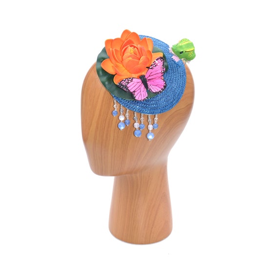 Lotus Water Lily Fascinator Hat With Erfly Frog Blue
