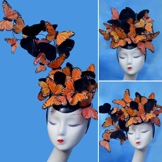 handmade Kentucky Derby Fascinator, Hat Headband with feathers & butterfly Aimee Fuller Kentucky Derby Hat Butterfly Fascinator Royal  main image 3